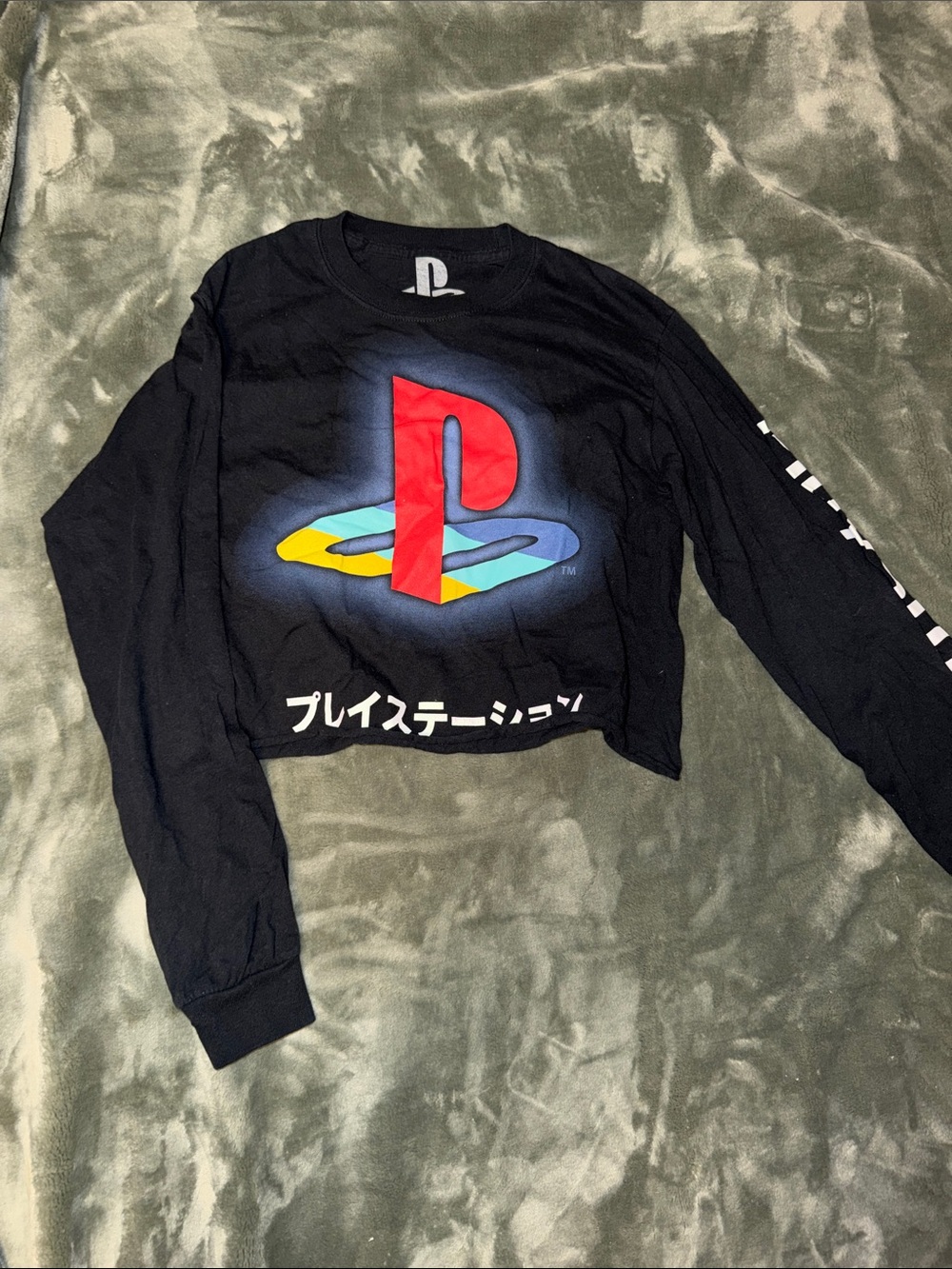 Sony Black Long-Sleeve Cropped PlayStation Logo Tee